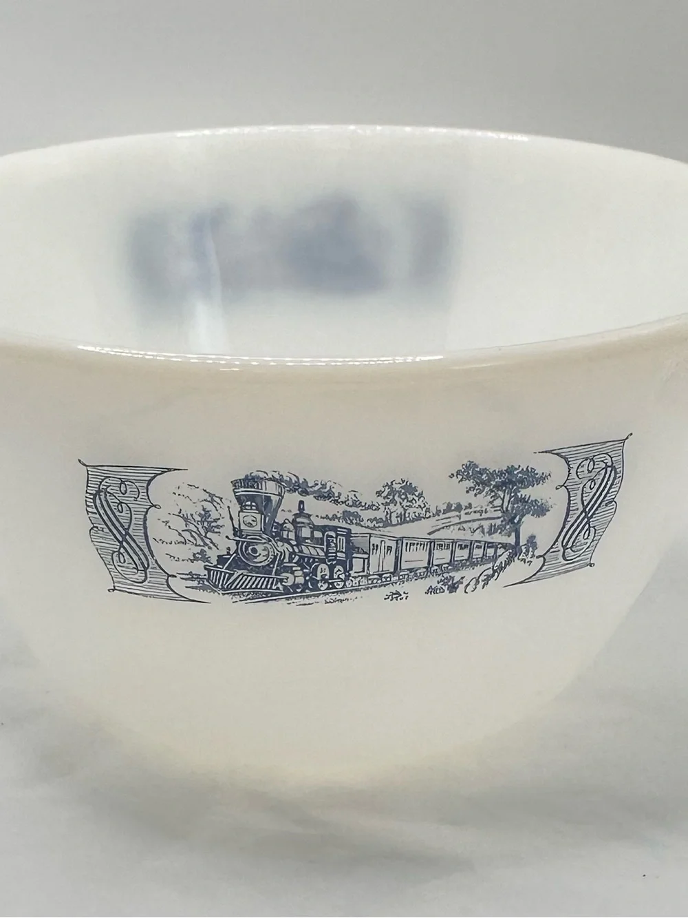 Vintage Currier & Ives White Milk Glass Mixing Bowl with Blue Train Motif